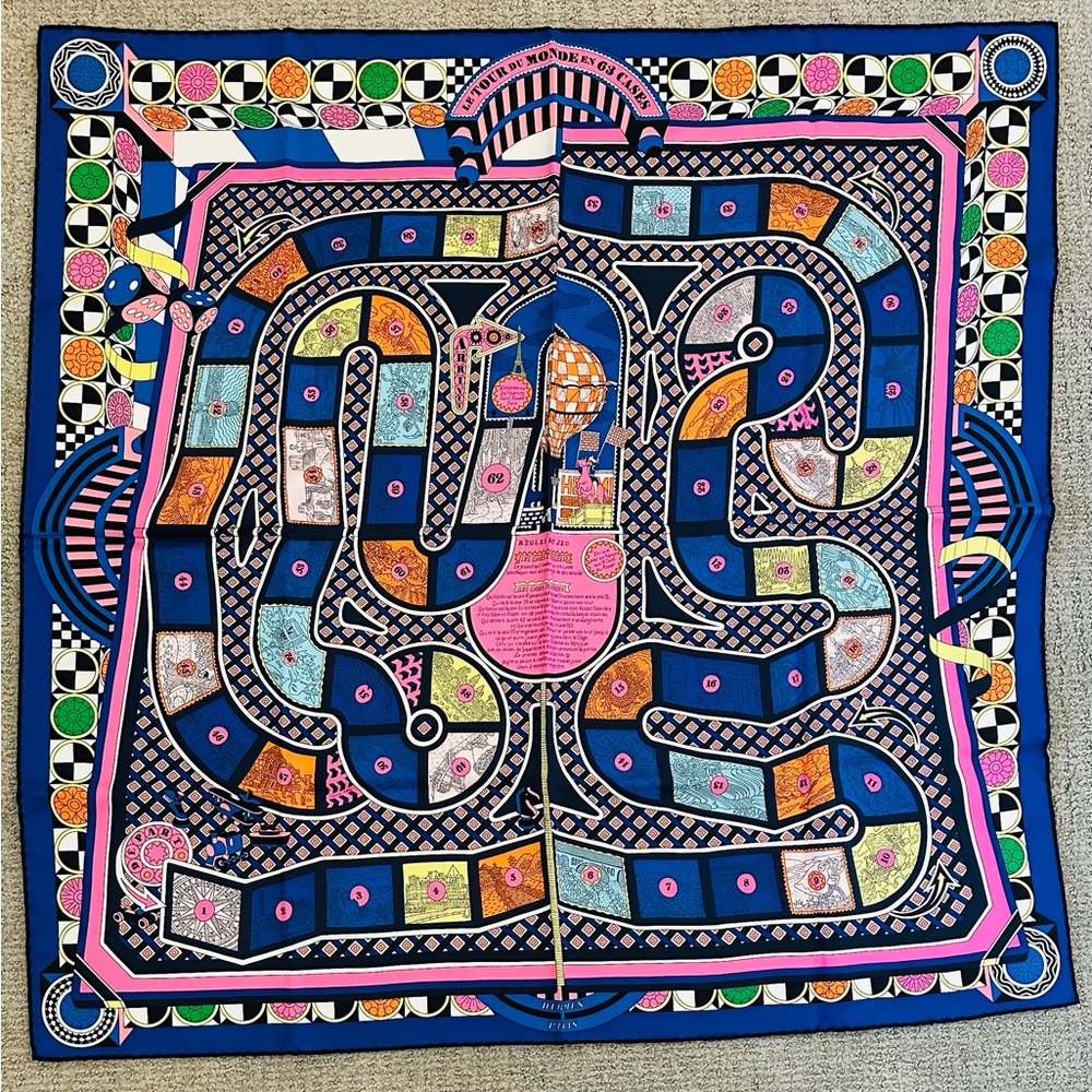 HERMES LE TOUR DU MONDE EN 63 CASES SILK TWILL 90CM SCARF
